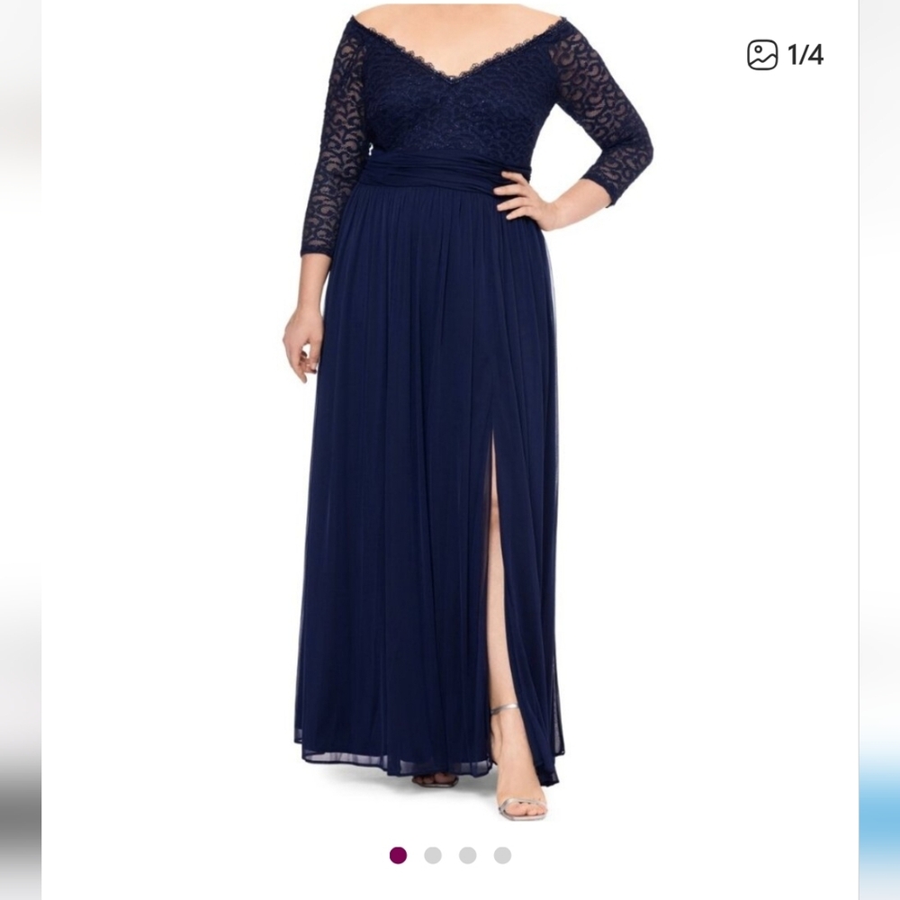 Betsy & Adam Plus Size Lace Off-the-Shoulder Gown – Navy | Size 20 | tag removed